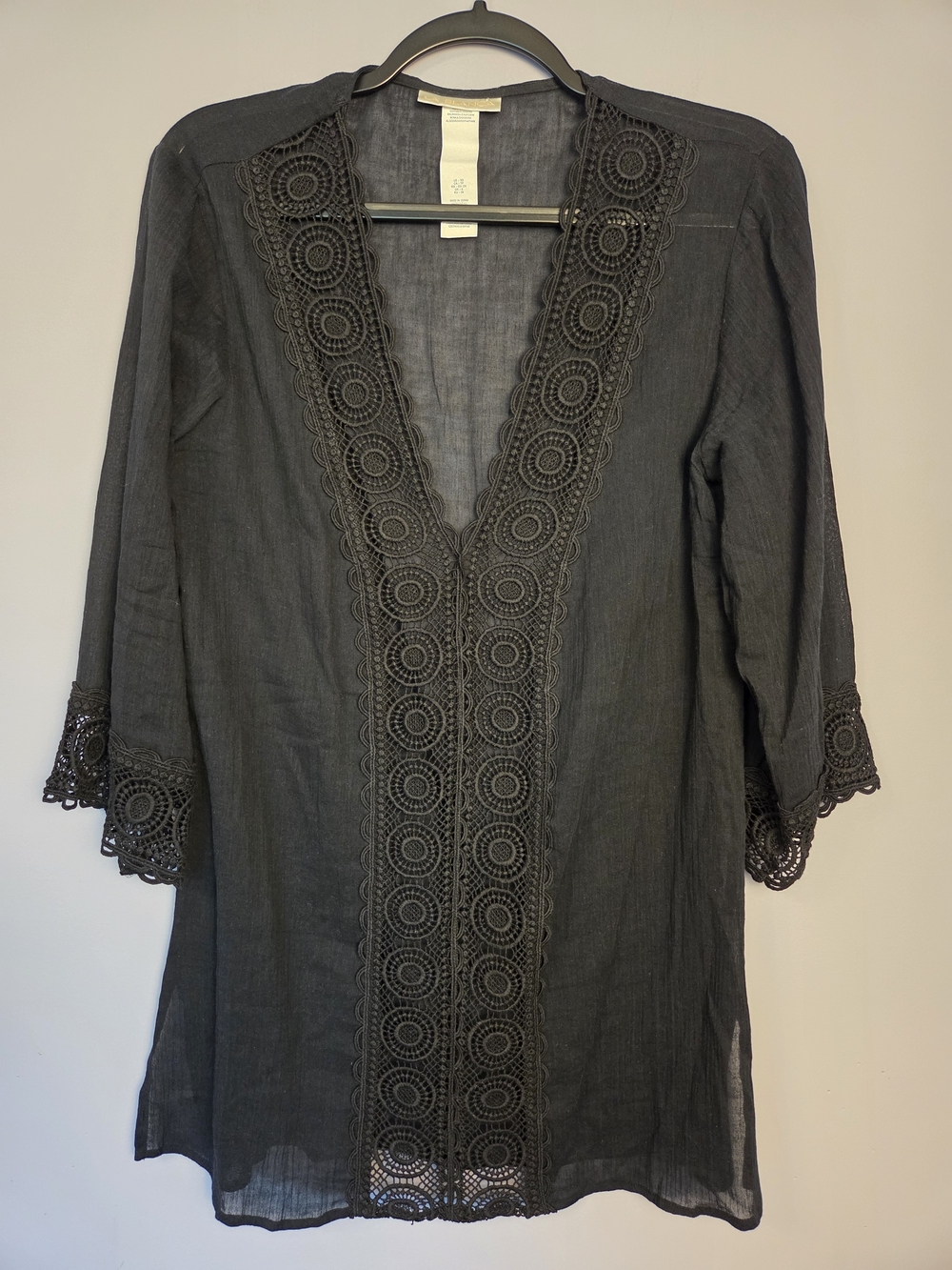La Blanca Island Fare V-Neck Crochet Beach Swim Cover Up Tunic Black XS Hippie